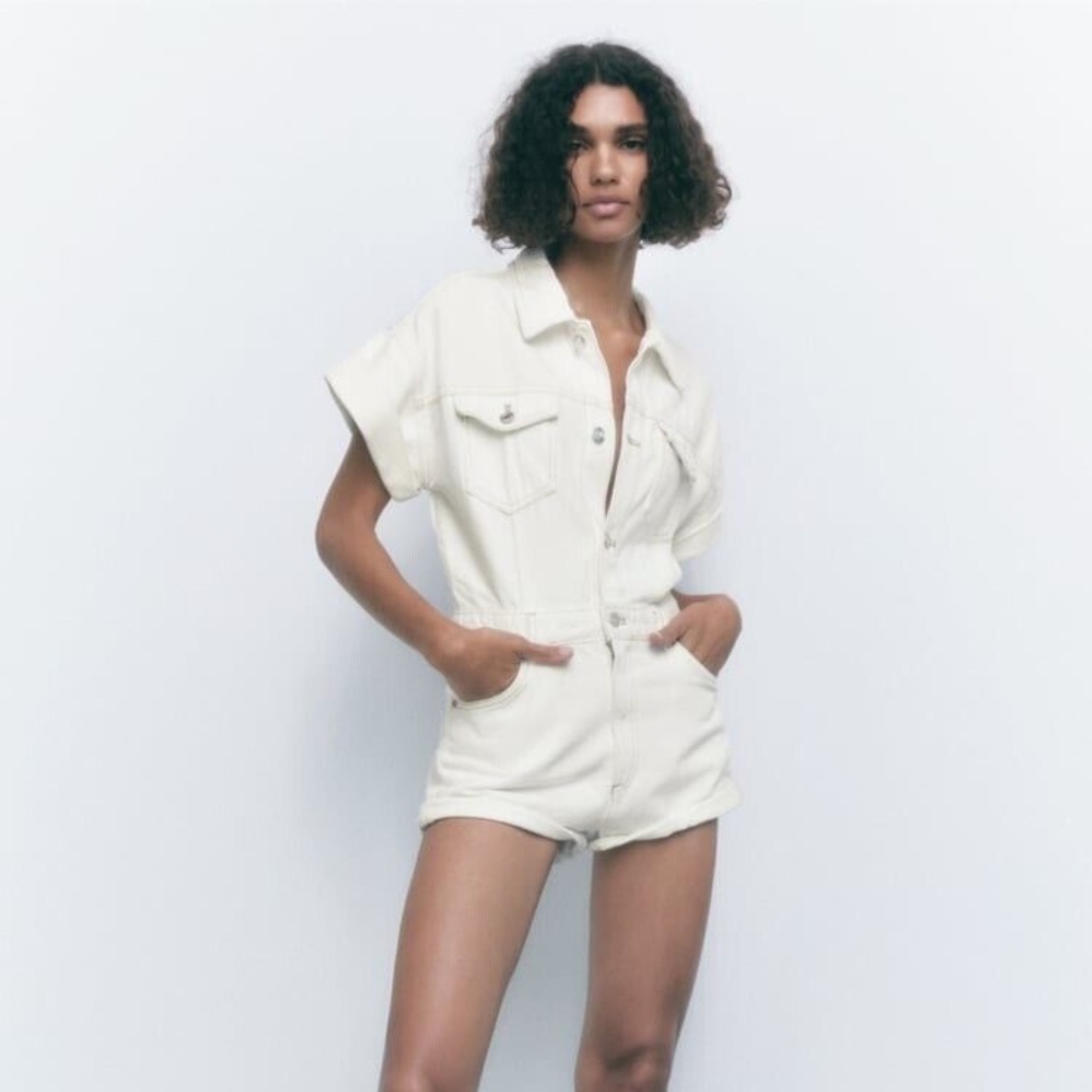 Zara white denim romper.